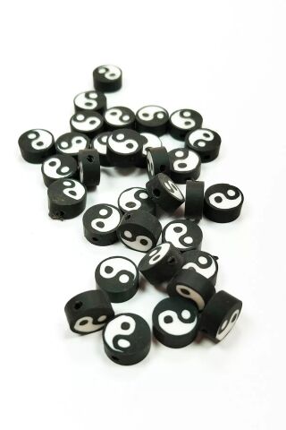 90 Adet 10 mm Polimer Kil Fimo Boncuk Takı Bileklik + 5 Metre Misina Hediye - Yin Yang - Yin Yang - Limon