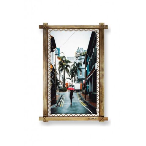 Kanvas Sokak Şemsiye Led Işıklı Rustik Tablo - 96 x 66 cm
