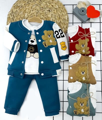 9-12-18-24 Ay Ayıcık Nakışlı Düğmeli Ceket Pantolon Uzun Kollu Sweatli 3lü Kız Erkek Bebek Takımı
