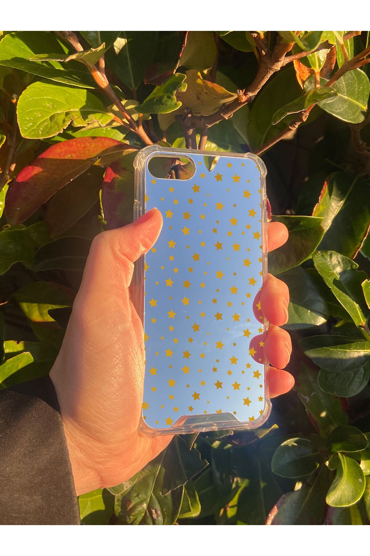 İphone SE 2022 Uyumlu Aynalı Yıldız Desenli Darbe Kamera Korumalı Silikon Telefon Kılıfı