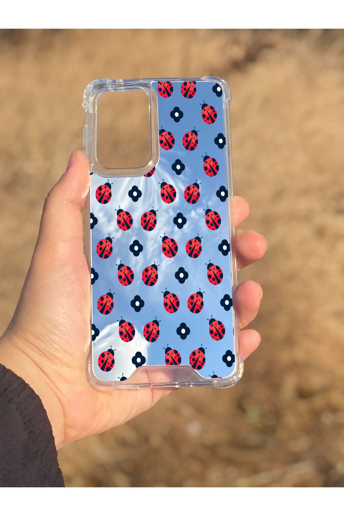 Samsung Galaxy A33 Uyumlu Aynalı Uğur Böceği Desenli Darbe Kamera Korumalı Silikon Telefon Kılıfı