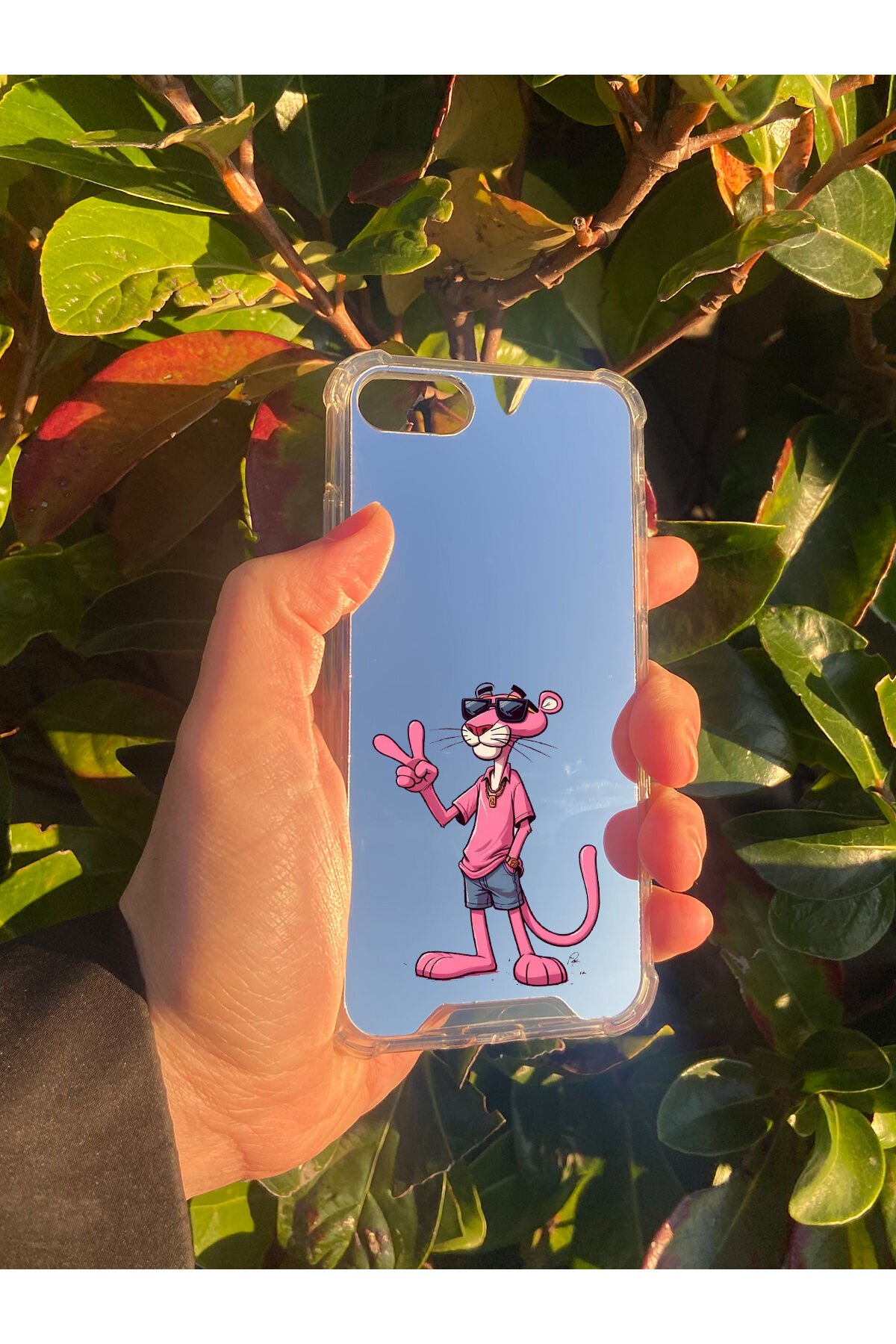 İphone SE 2022 Uyumlu Aynalı Pembe Panter Desenli Darbe Kamera Korumalı Silikon Telefon Kılıfı