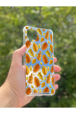 Samsung Galaxy A12 Uyumlu Aynalı Kahve Yaprak Desenli Darbe Kamera Korumalı Silikon Telefon Kılıfı