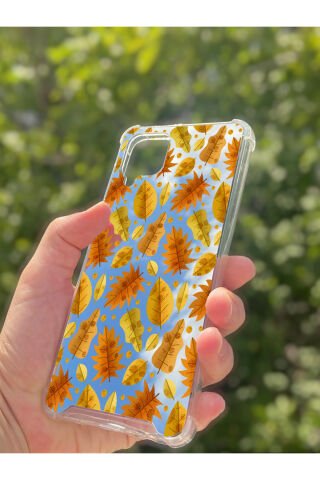 Samsung Galaxy A12 Uyumlu Aynalı Kahve Yaprak Desenli Darbe Kamera Korumalı Silikon Telefon Kılıfı