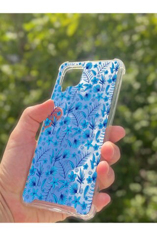 Samsung Galaxy A12 Uyumlu Aynalı Mavi Çiçek Desenli Darbe Kamera Korumalı Silikon Telefon Kılıfı