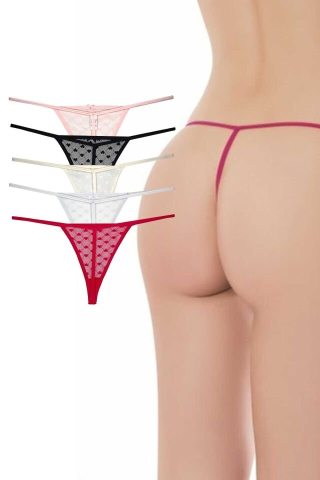 5 Adet Önü Dantelli Kadın İp Tanga String İpkini