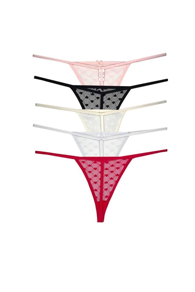 5 Adet Önü Dantelli Kadın İp Tanga String İpkini
