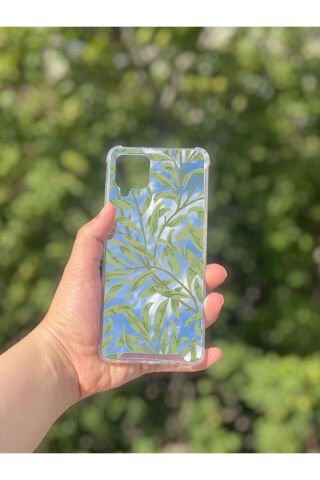 Samsung Galaxy A12 Uyumlu Aynalı Yeşil Yaprak Desenli Darbe Kamera Korumalı Silikon Telefon Kılıfı