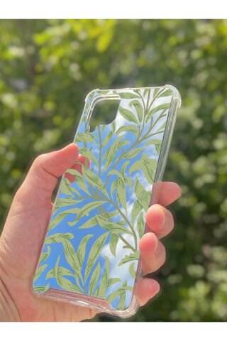 Samsung Galaxy A12 Uyumlu Aynalı Yeşil Yaprak Desenli Darbe Kamera Korumalı Silikon Telefon Kılıfı