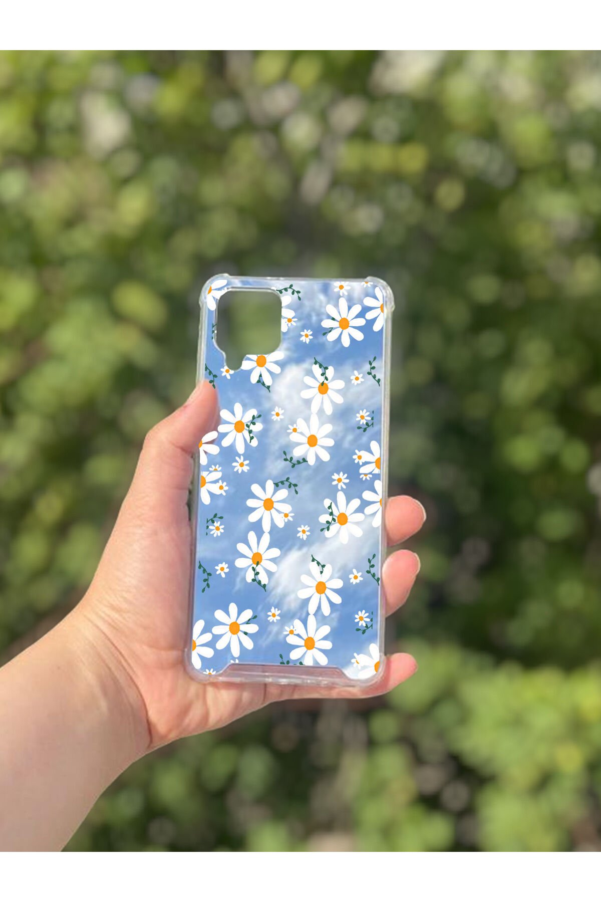 Samsung Galaxy A12 Uyumlu Aynalı Papatya Desenli Darbe Kamera Korumalı Silikon Telefon Kılıfı
