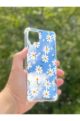 Samsung Galaxy A12 Uyumlu Aynalı Papatya Desenli Darbe Kamera Korumalı Silikon Telefon Kılıfı