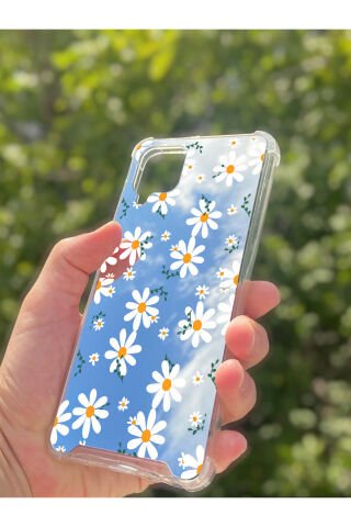 Samsung Galaxy A12 Uyumlu Aynalı Papatya Desenli Darbe Kamera Korumalı Silikon Telefon Kılıfı