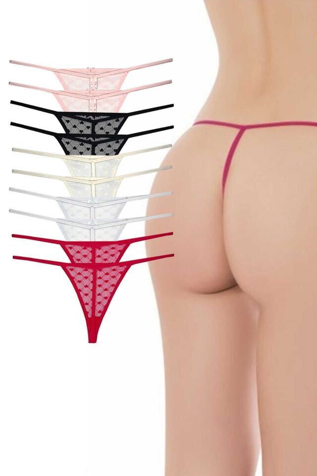 10 Adet Önü Dantelli Kadın İp Tanga String İpkini