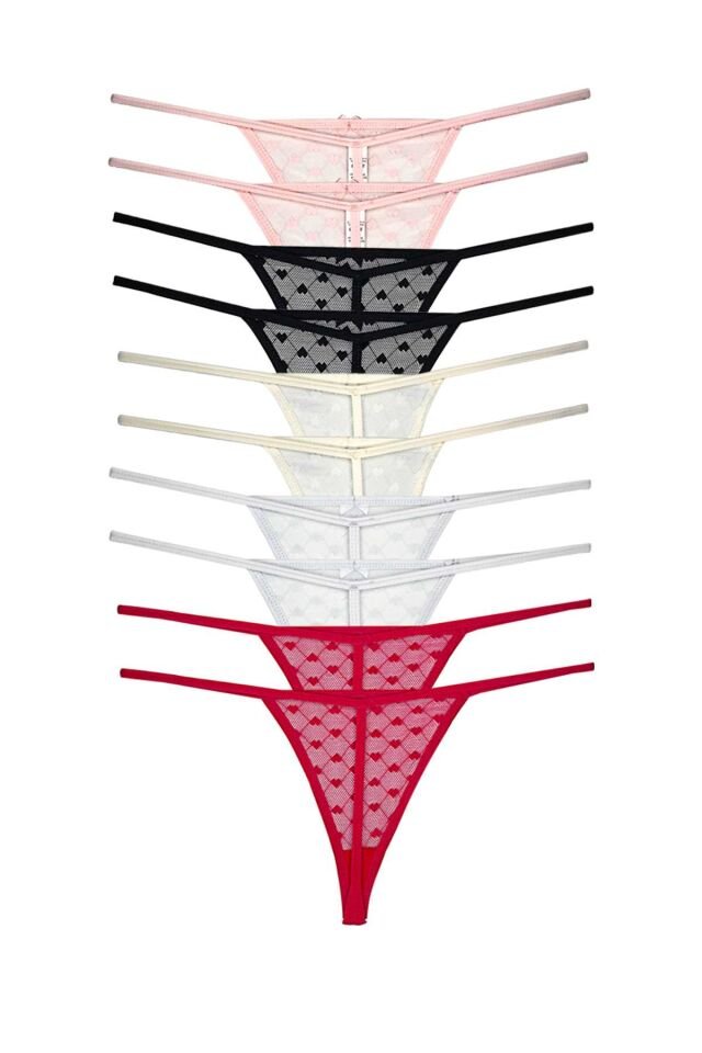 10 Adet Önü Dantelli Kadın İp Tanga String İpkini