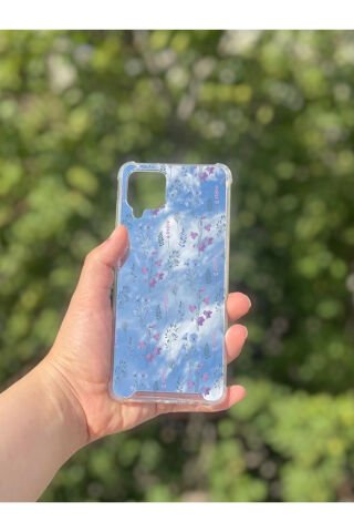 Samsung Galaxy A12 Uyumlu Aynalı Mor Çiçek Desenli Darbe Kamera Korumalı Silikon Telefon Kılıfı