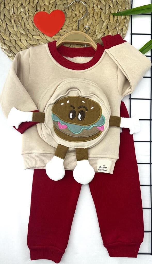 9-12-18-24 Ay Hamburger Figürlü Kendinden Çantalı 3 İp Kumaş 2li Kız Erkek Bebek Takımı