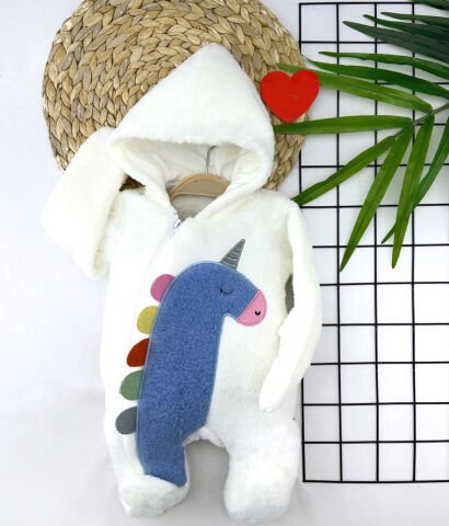 6-9-12-18 Ay Kuzu Tüylü Kumaş Unicorn Nakışlı Kapşonlu Fermuarlı Kız Erkek Bebek Tulumu