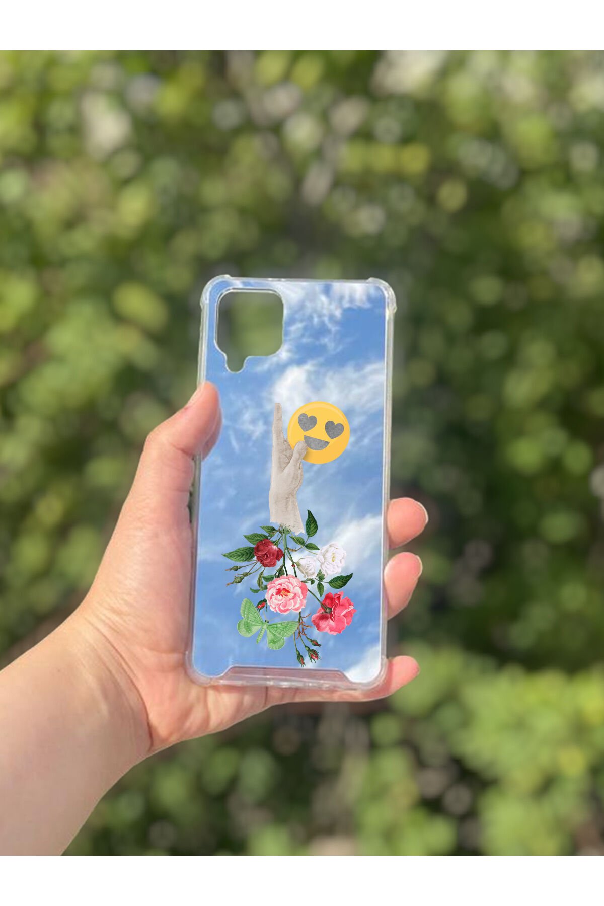 Samsung Galaxy A12 Uyumlu Aynalı Çiçekli El Desenli Darbe Kamera Korumalı Silikon Telefon Kılıfı