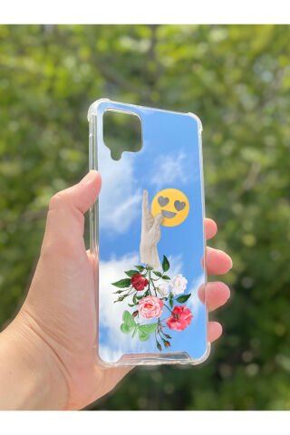 Samsung Galaxy A12 Uyumlu Aynalı Çiçekli El Desenli Darbe Kamera Korumalı Silikon Telefon Kılıfı