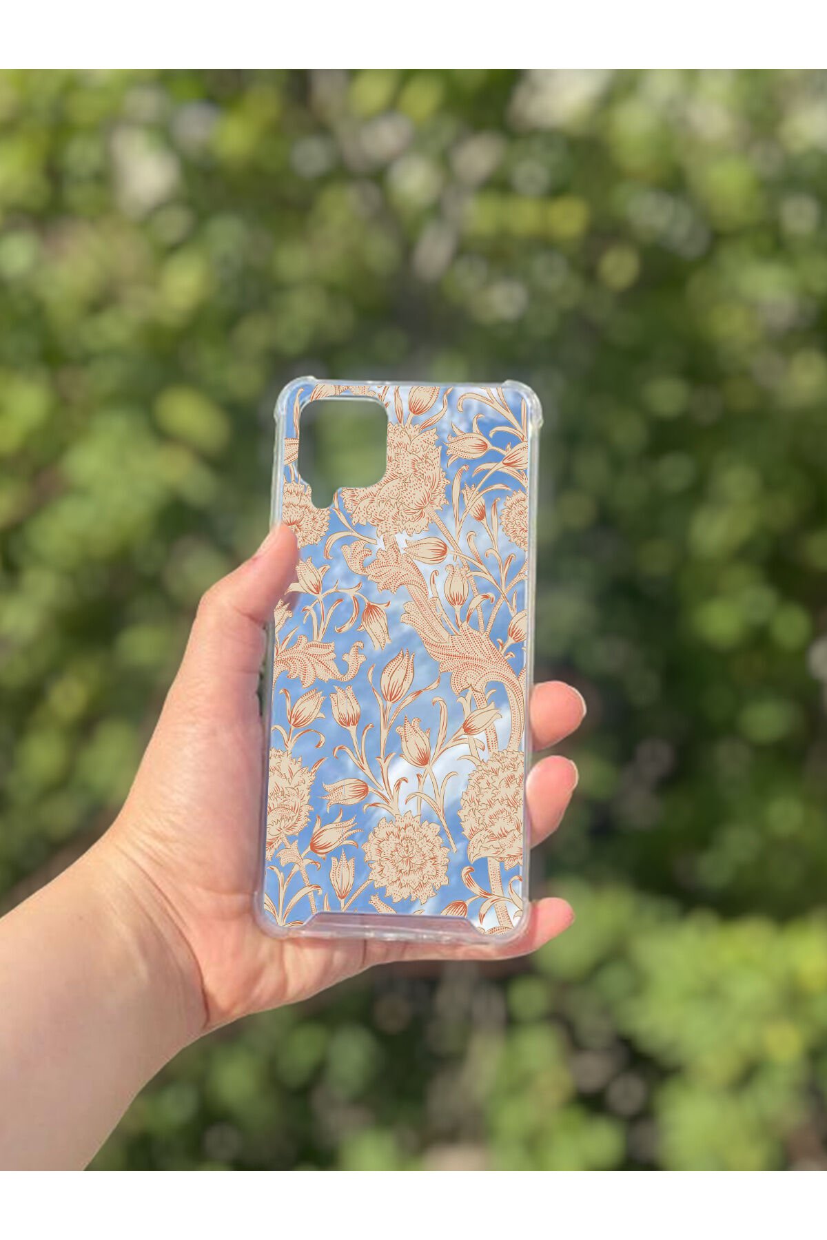 Samsung Galaxy A12 Uyumlu Aynalı Lale Desenli Darbe Kamera Korumalı Silikon Telefon Kılıfı