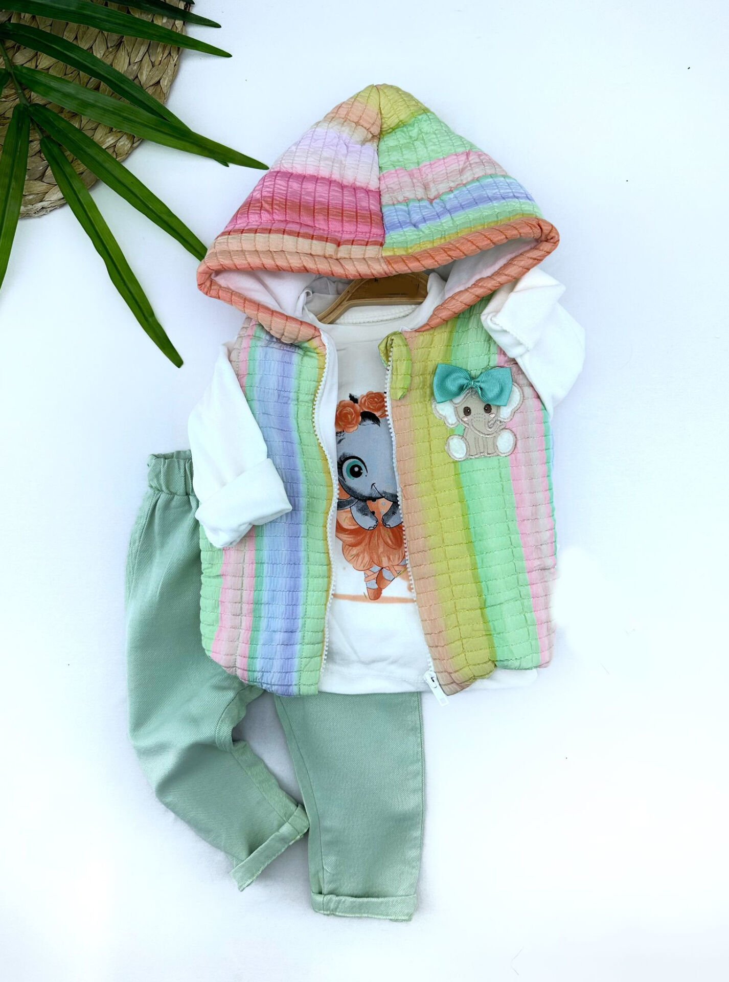 9-12-18-24 Ay Kapşonlu Fermuarlı Gökkuşağı Şişme Yelek Sweat Pantolonlu 3lü Kız Erkek Bebek Takımı