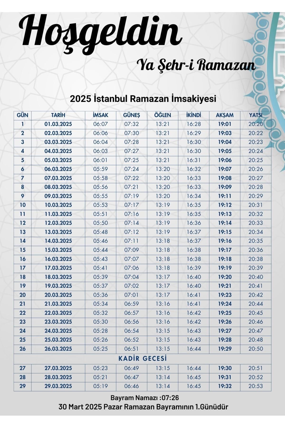 Ramazan İmsakiyesi Modern Kişiye Özel Tasarımlı Dijital Baskı 6 Adet A4 300 gr Model 21