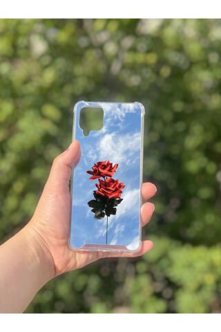 Samsung Galaxy A12 Uyumlu Aynalı Gül Desenli Darbe Kamera Korumalı Silikon Telefon Kılıfı