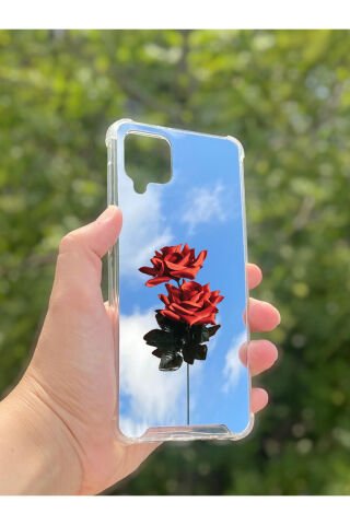 Samsung Galaxy A12 Uyumlu Aynalı Gül Desenli Darbe Kamera Korumalı Silikon Telefon Kılıfı