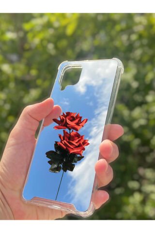 Samsung Galaxy A12 Uyumlu Aynalı Gül Desenli Darbe Kamera Korumalı Silikon Telefon Kılıfı