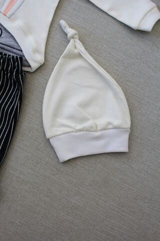 3-6 6-9 9-12 Ay Şımarık Tavşan Nakışlı Şapkalı Uzun Kollu Sweat 3lü Kız-erkek Bebek Takımı
