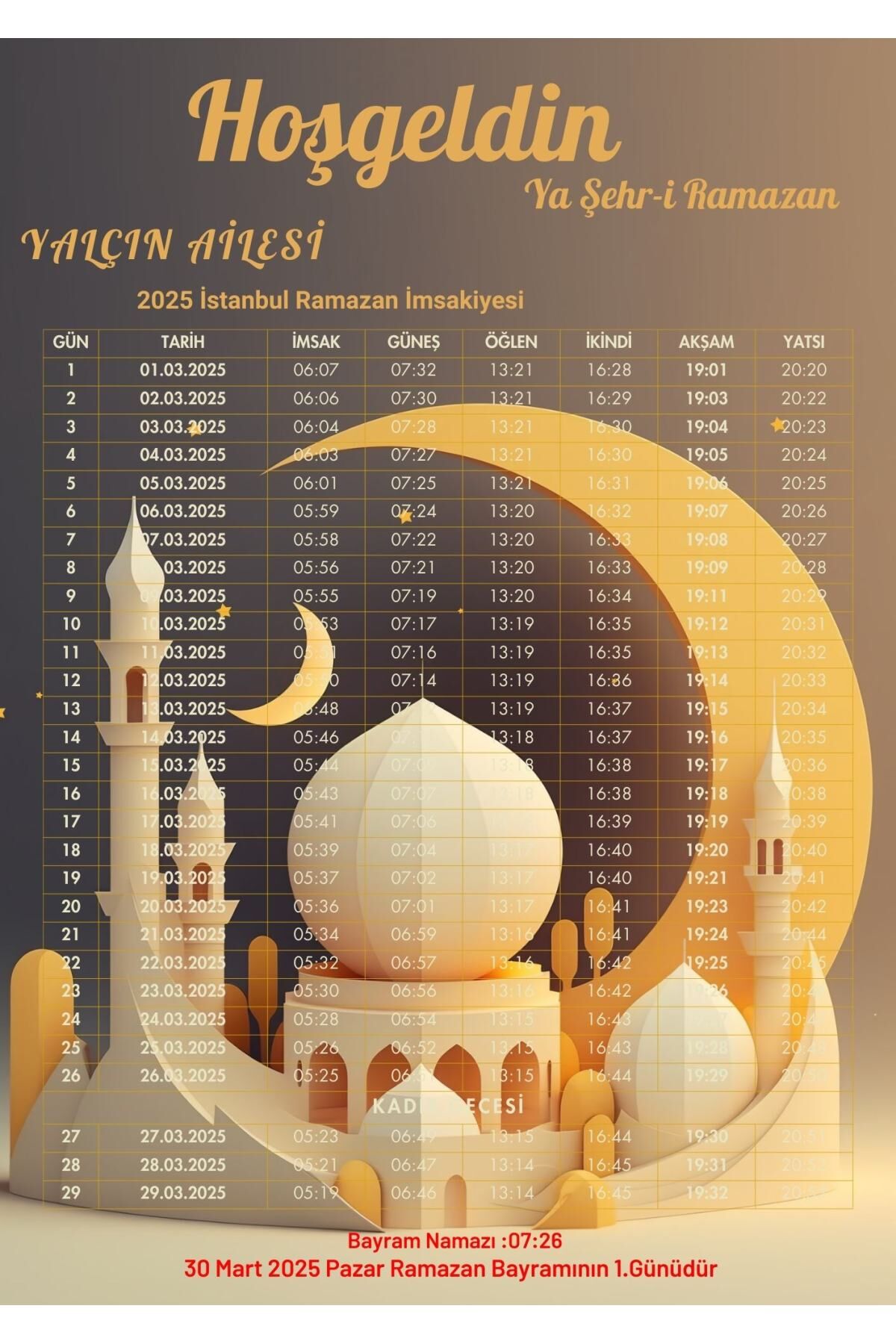 Ramazan İmsakiyesi Modern Kişiye Özel Tasarımlı Dijital Baskı 6 Adet A4 300 gr Model 23