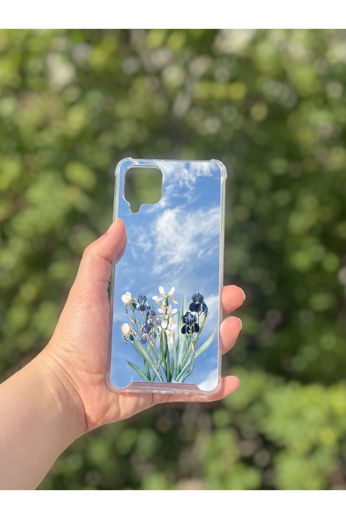 Samsung Galaxy A12 Uyumlu Aynalı Mor Beyaz Desenli Darbe Kamera Korumalı Silikon Telefon Kılıfı