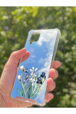 Samsung Galaxy A12 Uyumlu Aynalı Mor Beyaz Desenli Darbe Kamera Korumalı Silikon Telefon Kılıfı