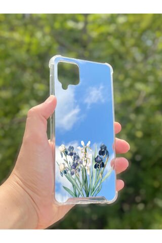 Samsung Galaxy A12 Uyumlu Aynalı Mor Beyaz Desenli Darbe Kamera Korumalı Silikon Telefon Kılıfı