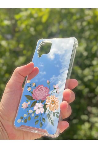 Samsung Galaxy A12 Uyumlu Aynalı Pembe Gül Desenli Darbe Kamera Korumalı Silikon Telefon Kılıfı