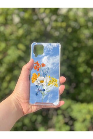 Samsung Galaxy A12 Uyumlu Aynalı Sarı Beyaz Desenli Darbe Kamera Korumalı Silikon Telefon Kılıfı