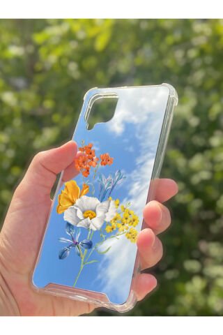 Samsung Galaxy A12 Uyumlu Aynalı Sarı Beyaz Desenli Darbe Kamera Korumalı Silikon Telefon Kılıfı