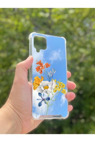Samsung Galaxy A12 Uyumlu Aynalı Sarı Beyaz Desenli Darbe Kamera Korumalı Silikon Telefon Kılıfı
