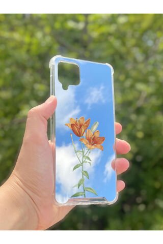 Samsung Galaxy A12 Uyumlu Aynalı Lale Desenli Darbe Kamera Korumalı Silikon Telefon Kılıfı