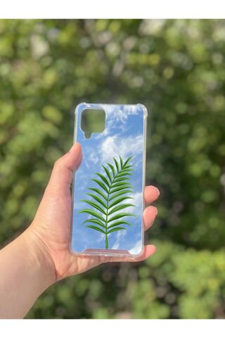 Samsung Galaxy A12 Uyumlu Aynalı Yaprak Desenli Darbe Kamera Korumalı Silikon Telefon Kılıfı