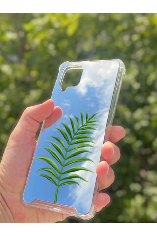 Samsung Galaxy A12 Uyumlu Aynalı Yaprak Desenli Darbe Kamera Korumalı Silikon Telefon Kılıfı