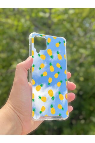 Samsung Galaxy A12 Uyumlu Aynalı Ananas Desenli Darbe Kamera Korumalı Silikon Telefon Kılıfı