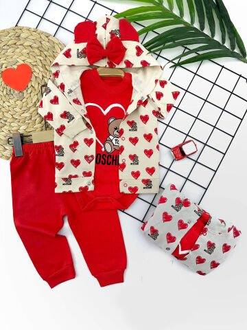 3-6-9-12 Ay Moschino Kalp Baskılı Kapşonlu Ceket 3lü Kız Bebek Takımı
