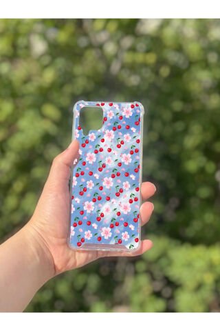 Samsung Galaxy A12 Uyumlu Aynalı Kiraz Desenli Darbe Kamera Korumalı Silikon Telefon Kılıfı