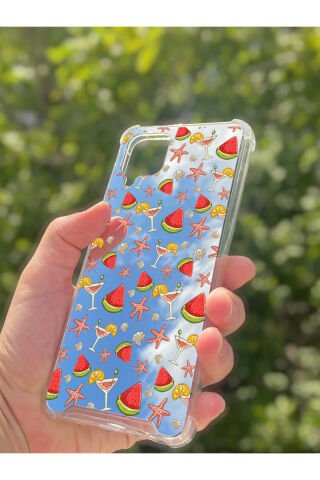 Samsung Galaxy A12 Uyumlu Aynalı Karpuz Desenli Darbe Kamera Korumalı Silikon Telefon Kılıfı