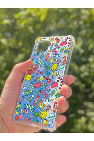 Samsung Galaxy A12 Uyumlu Aynalı Şeker Desenli Darbe Kamera Korumalı Silikon Telefon Kılıfı