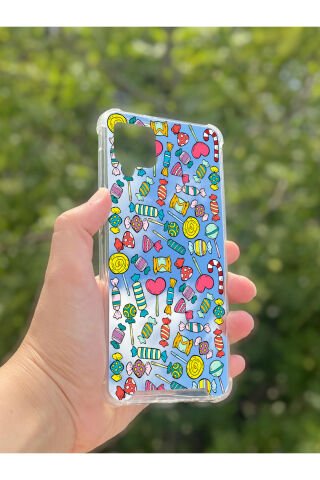 Samsung Galaxy A12 Uyumlu Aynalı Şeker Desenli Darbe Kamera Korumalı Silikon Telefon Kılıfı