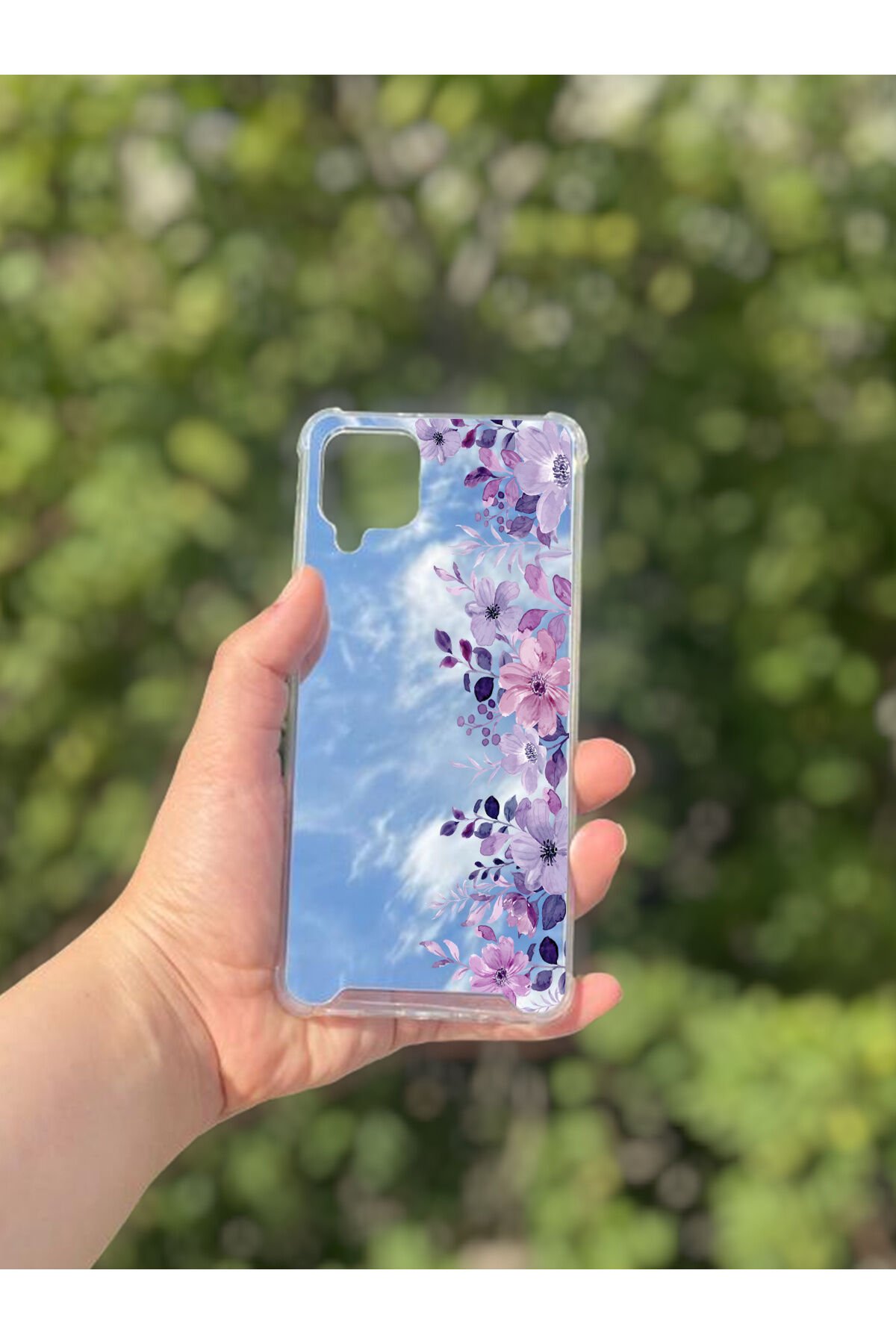 Samsung Galaxy A12 Uyumlu Aynalı Mor Çiçek Desenli Darbe Kamera Korumalı Silikon Telefon Kılıfı