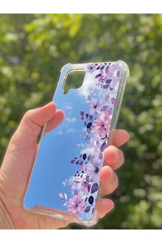Samsung Galaxy A12 Uyumlu Aynalı Mor Çiçek Desenli Darbe Kamera Korumalı Silikon Telefon Kılıfı