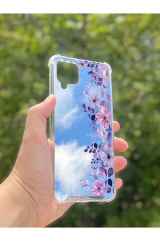 Samsung Galaxy A12 Uyumlu Aynalı Mor Çiçek Desenli Darbe Kamera Korumalı Silikon Telefon Kılıfı